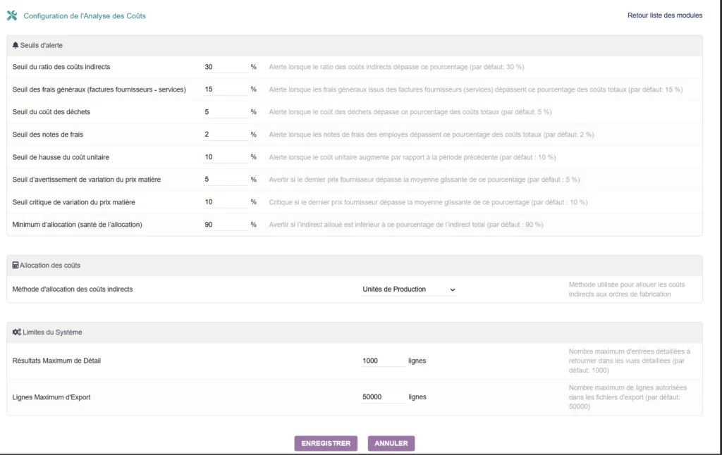 Analyse Des Coûts Production - configuration page