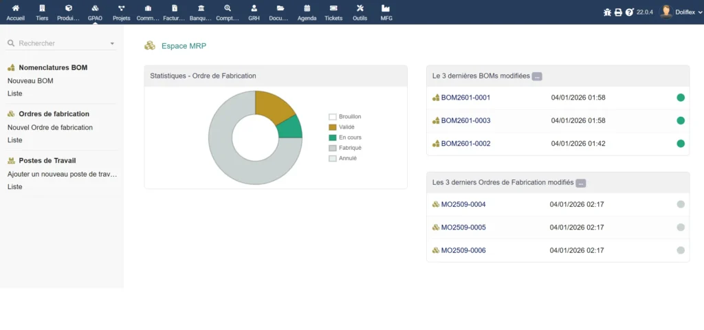 Opérations de Production TRS/OEE- GPAO Native Dolibarr - suivi de production en temps réel TRS OEE