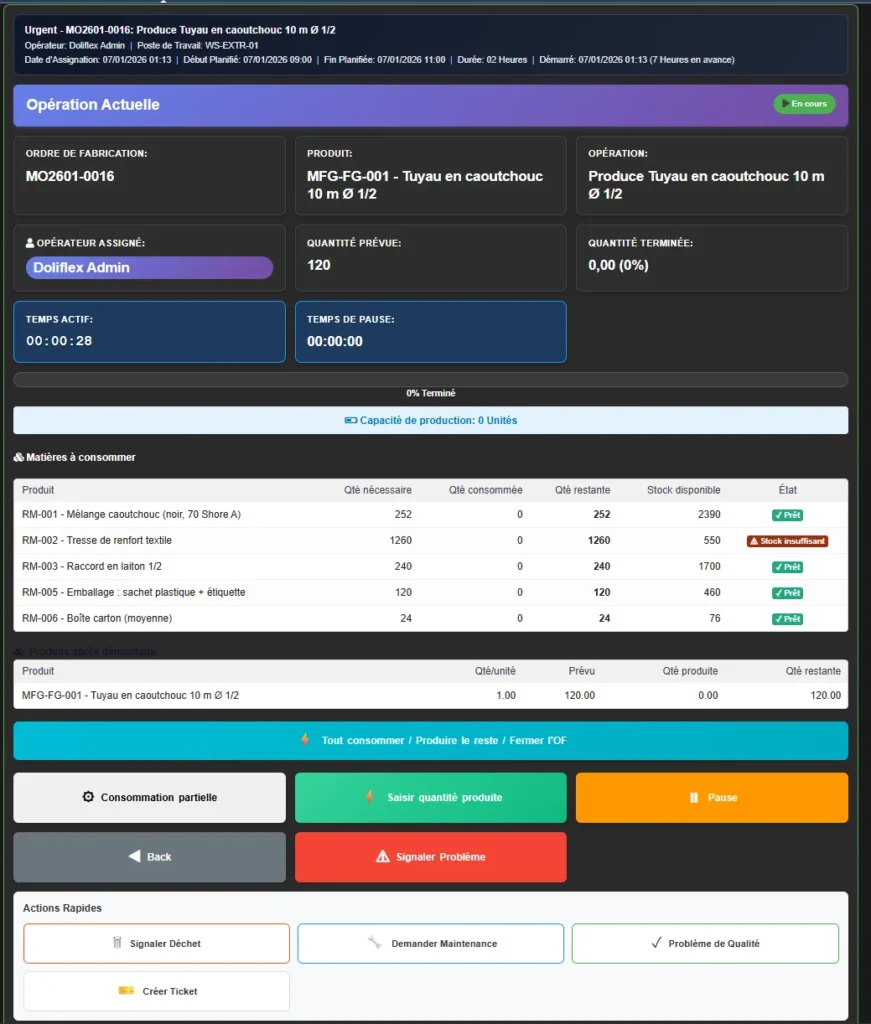 Opérations de Production TRS/OEE- Interface Atelier - opération en cours