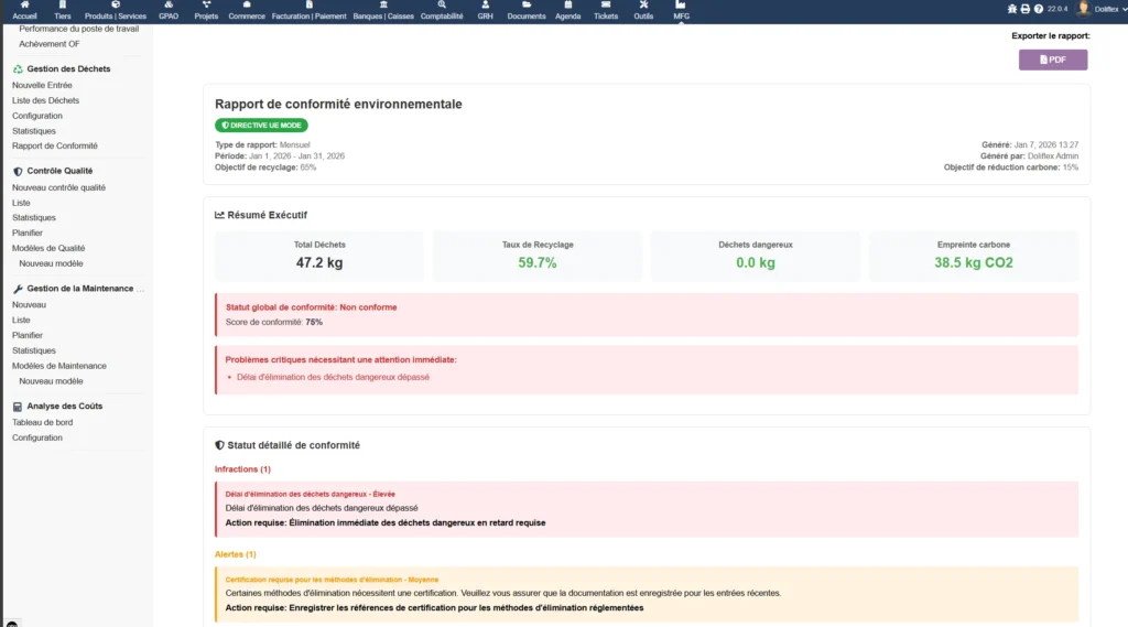 Module Gestion déchets dolibarr -Rapport de conformité environnementale