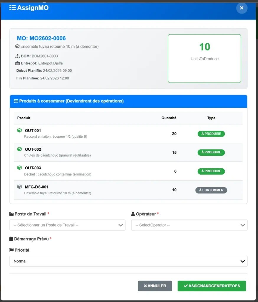 Opérations de Production TRS/OEE- fenêtre d’assignation montrant sélection poste, opérateur, date-heure, priorité